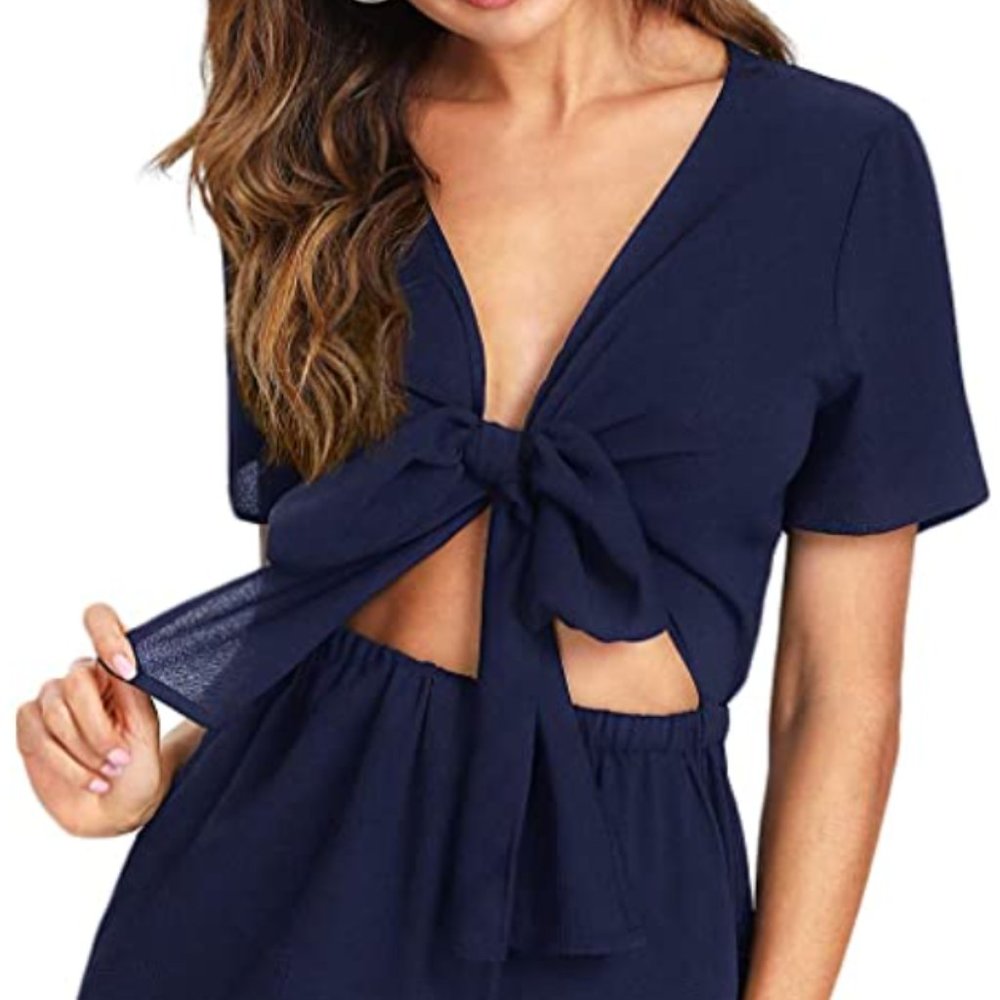 NEVER WORN - Navy Tie Front Short Romper Playsuit